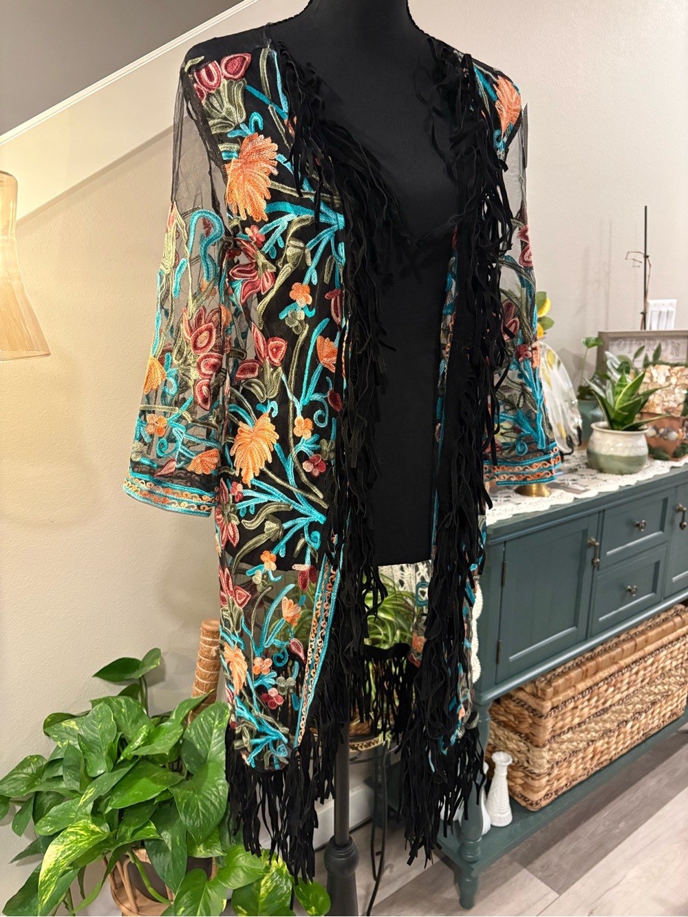 Shyanne Black Mesh Kimono Coverup with Multicolor Floral Embroidery and Fringe